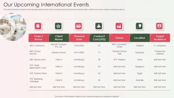 Event Organizer And Coordinator Company Profile Our Upcoming International Events Brochure PDF Event Organizer And Coordinator Company Profile Our Upcoming International Events Brochure PDF