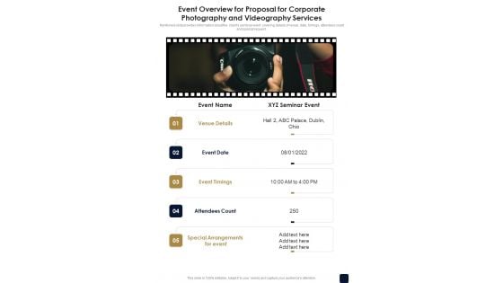 Event Overview For Corporate Photography And Videography Services One Pager Sample Example Document