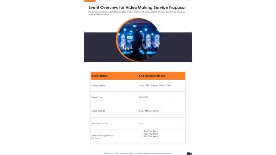 Event Overview For Video Making Service Proposal One Pager Sample Example Document