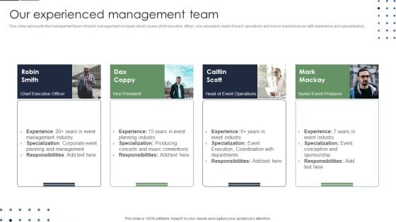 Event Planner Company Profile Our Experienced Management Team Demonstration PDF