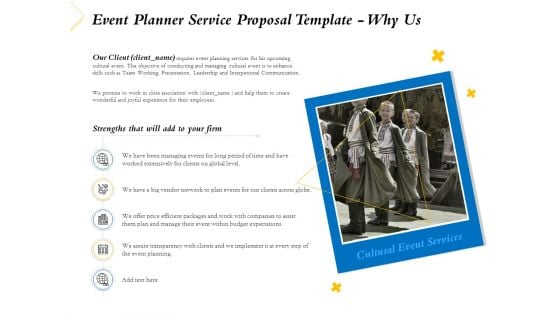 Event Planner Service Proposal Template Why Us Ppt Summary Example Introduction PDF