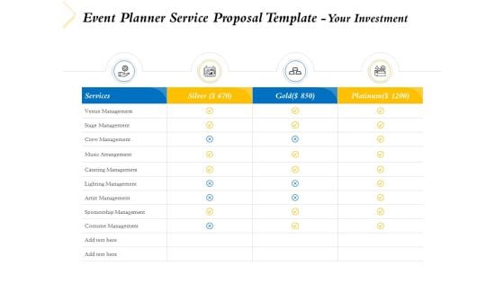 Event Planner Service Proposal Template Your Investment Ppt Model Ideas PDF