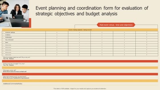 Event Planning And Coordination Form For Evaluation Of Strategic Objectives And Budget Analysis Portrait PDF