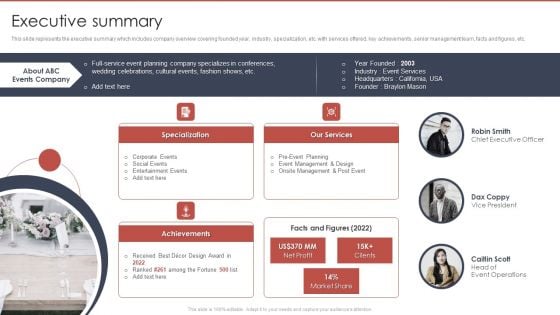 Event Planning And Management Company Profile Executive Summary Portrait PDF