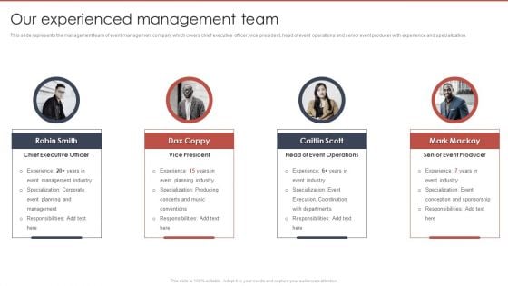Event Planning And Management Company Profile Our Experienced Management Team Diagrams PDF Event Planning And Management Company Profile Our Experienced Management Team Diagrams PDF
