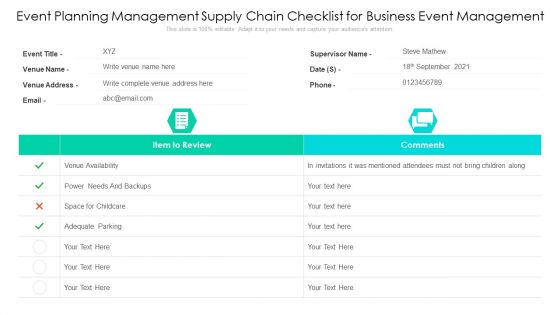 Event Planning Management Supply Chain Checklist For Business Event Management Ppt PowerPoint Presentation Gallery Tips PDF