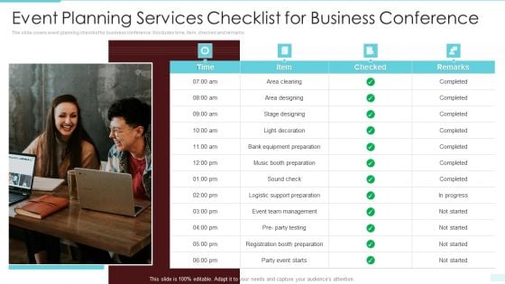 Event Planning Services Checklist For Business Conference Slides PDF