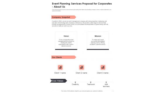 Event Planning Services Proposal For Corporates About Us One Pager Sample Example Document