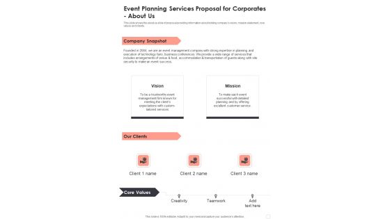 Event Planning Services Proposal For Corporates About Us One Pager Sample Example Document Event Planning Services Proposal For Corporates About Us One Pager Sample Example Document