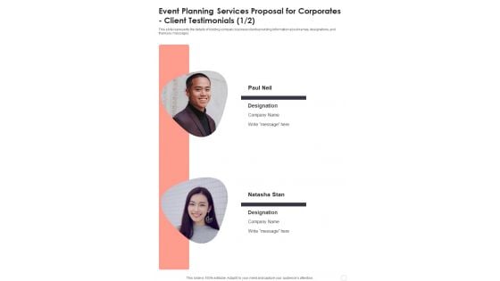 Event Planning Services Proposal For Corporates Client Testimonials One Pager Sample Example Document