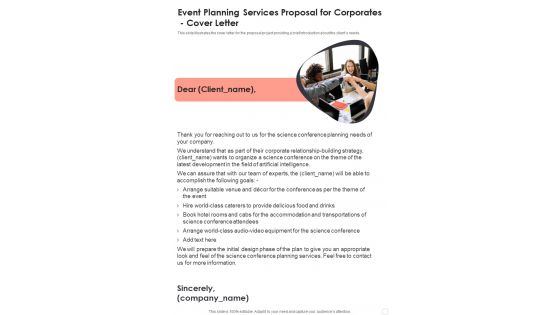 Event Planning Services Proposal For Corporates Cover Letter One Pager Sample Example Document