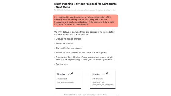 Event Planning Services Proposal For Corporates Next Steps One Pager Sample Example Document Event Planning Services Proposal For Corporates Next Steps One Pager Sample Example Document