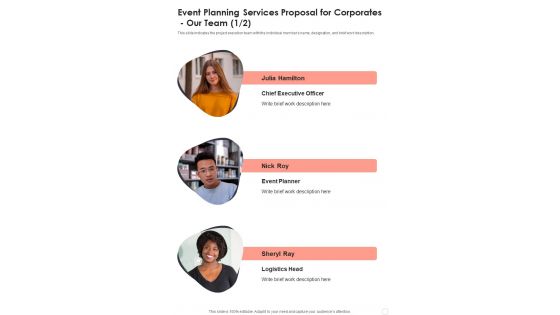 Event Planning Services Proposal For Corporates Our Team One Pager Sample Example Document Event Planning Services Proposal For Corporates Our Team One Pager Sample Example Document