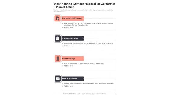 Event Planning Services Proposal For Corporates Plan Of Action One Pager Sample Example Document