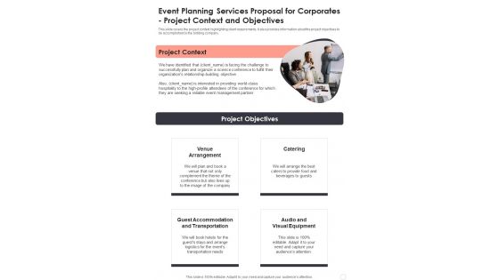 Event Planning Services Proposal For Corporates Project Context Objectives One Pager Sample Example Document