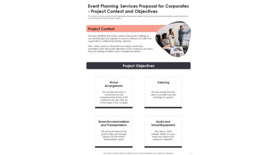 Event Planning Services Proposal For Corporates Project Context Objectives One Pager Sample Example Document Event Planning Services Proposal For Corporates Project Context Objectives One Pager Sample Example Document
