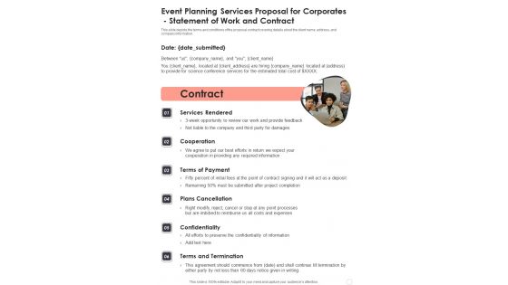 Event Planning Services Proposal For Corporates Statement Of Work One Pager Sample Example Document