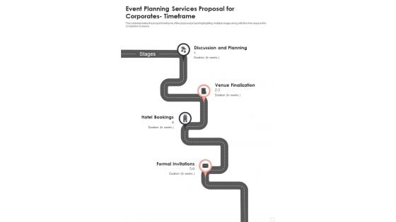 Event Planning Services Proposal For Corporates Timeframe One Pager Sample Example Document Event Planning Services Proposal For Corporates Timeframe One Pager Sample Example Document
