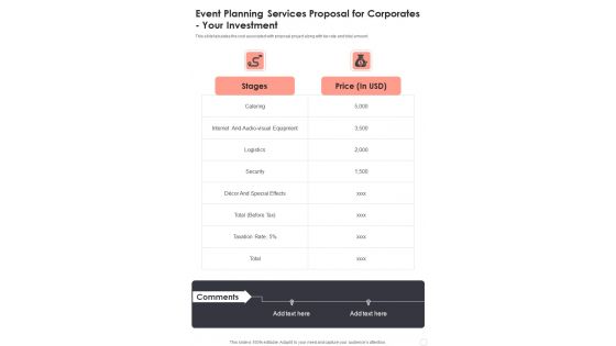Event Planning Services Proposal For Corporates Your Investment One Pager Sample Example Document Event Planning Services Proposal For Corporates Your Investment One Pager Sample Example Document