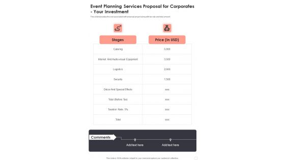 Event Planning Services Proposal For Corporates Your Investment One Pager Sample Example Document