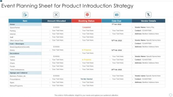 Event Planning Sheet For Product Introduction Strategy Summary PDF