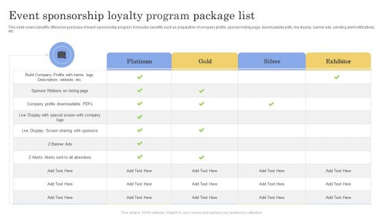 Event Sponsorship Loyalty Program Package List Ppt Ideas Styles PDF