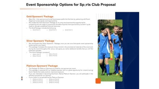 Event Sponsorship Options For Sports Club Proposal Ppt PowerPoint Presentation Pictures Icons PDF