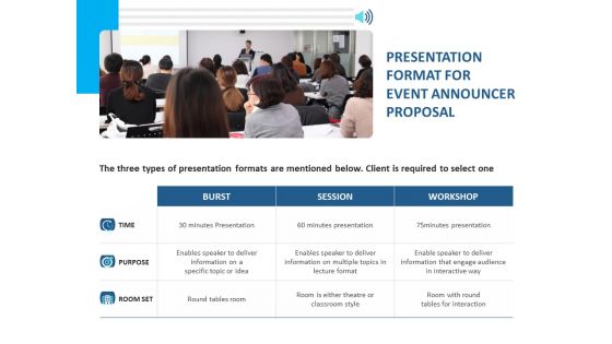 Event Time Announcer Presentation Format For Event Announcer Proposal Ppt Infographic Template Gridlines PDF