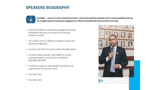 Event Time Announcer Speakers Biography Ppt Infographics Maker PDF