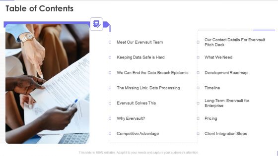 Evervault Capital Investment Elevator Pitch Deck Table Of Contents Elements PDF Evervault Capital Investment Elevator Pitch Deck Table Of Contents Elements PDF