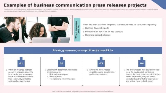 Examples Of Business Communication Press Releases Projects Background PDF