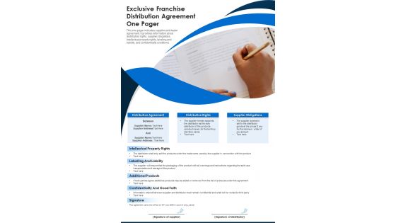 Exclusive Franchise Distribution Agreement One Pager PDF Document PPT Template