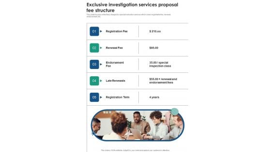 Exclusive Investigation Services Proposal Fee Structure One Pager Sample Example Document