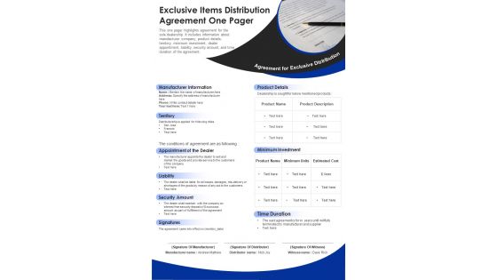 Exclusive Items Distribution Agreement One Pager PDF Document PPT Template
