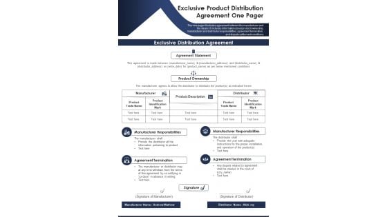 Exclusive Product Distribution Agreement One Pager PDF Document PPT Template