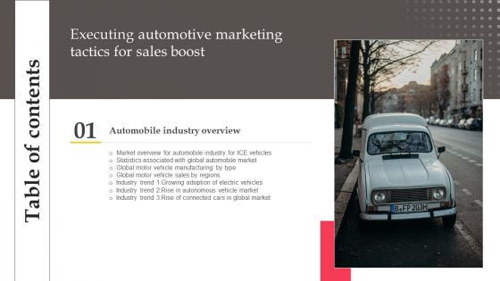 Executing Automotive Marketing Tactics For Sales Boost Table Of Contents Ideas PDF