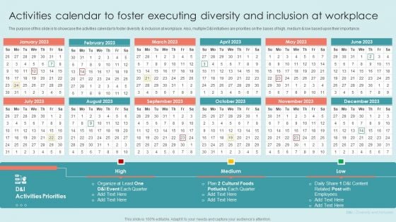 Executing Diversity Activities Calendar To Foster Executing Diversity And Inclusion Graphics PDF Executing Diversity Activities Calendar To Foster Executing Diversity And Inclusion Graphics PDF