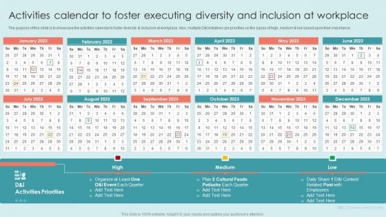 Executing Diversity Activities Calendar To Foster Executing Diversity And Inclusion Graphics PDF