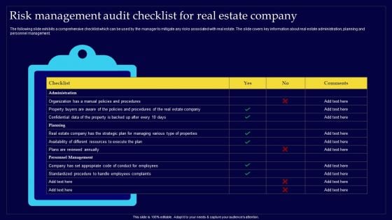 Executing Risk Mitigation Risk Management Audit Checklist For Real Estate Company Diagrams PDF