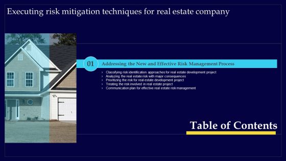 Executing Risk Mitigation Techniques For Real Estate Company Table Of Contents Information PDF