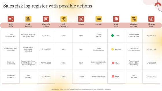 Executing Sales Risk Reduction Plan Sales Risk Log Register With Possible Actions Download PDF