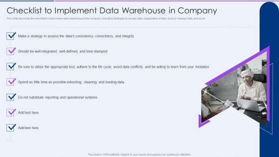 Executive Information Database System Checklist To Implement Data Warehouse In Company Formats PDF