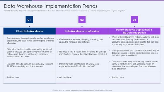 Executive Information Database System Data Warehouse Implementation Trends Graphics PDF