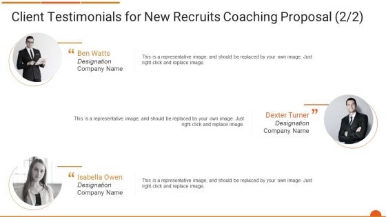 Executive Job Training Client Testimonials For New Recruits Coaching Proposal Representative Portrait PDF