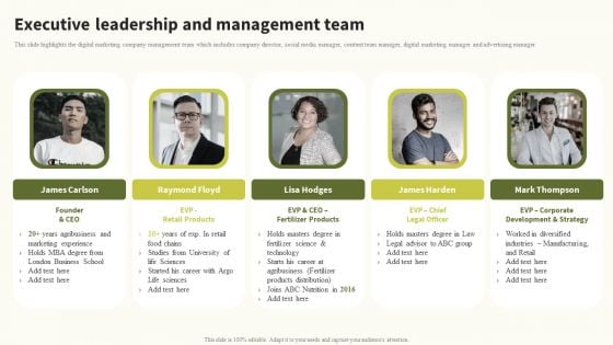 Executive Leadership And Management Team Global Food Products Company Profile Elements PDF Executive Leadership And Management Team Global Food Products Company Profile Elements PDF