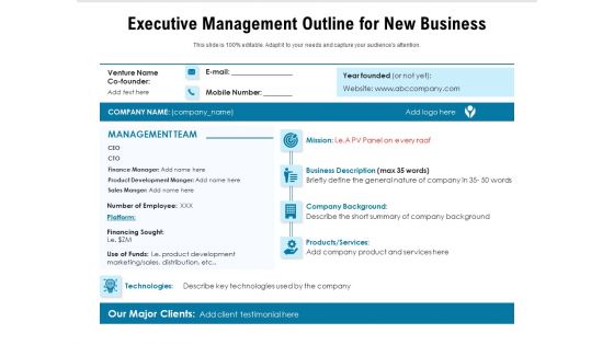 Executive Management Outline For New Business Ppt PowerPoint Presentation Infographics Graphics PDF