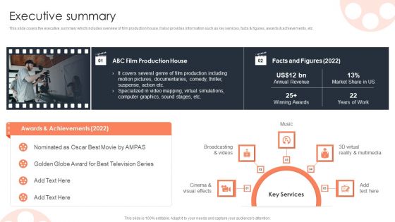 Executive Summary Film Media Company Profile Ppt PowerPoint Presentation Pictures Shapes PDF