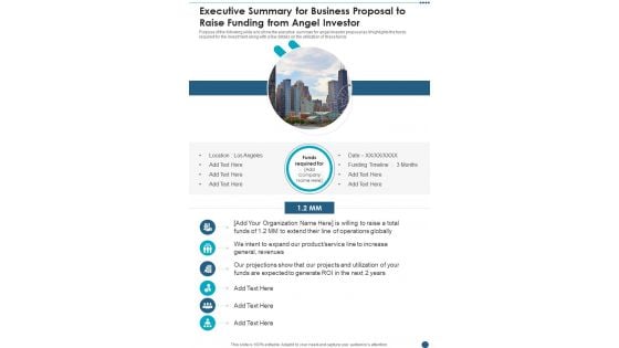 Executive Summary For Business Proposal To Raise Funding From Angel Investor One Pager Sample Example Document