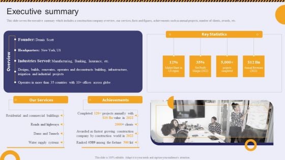 Executive Summary Residential And Commercial Building Construction Company Profile Infographics PDF