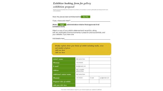 Exhibitor Booking Form For Gallery Exhibition Proposal One Pager Sample Example Document Exhibitor Booking Form For Gallery Exhibition Proposal One Pager Sample Example Document